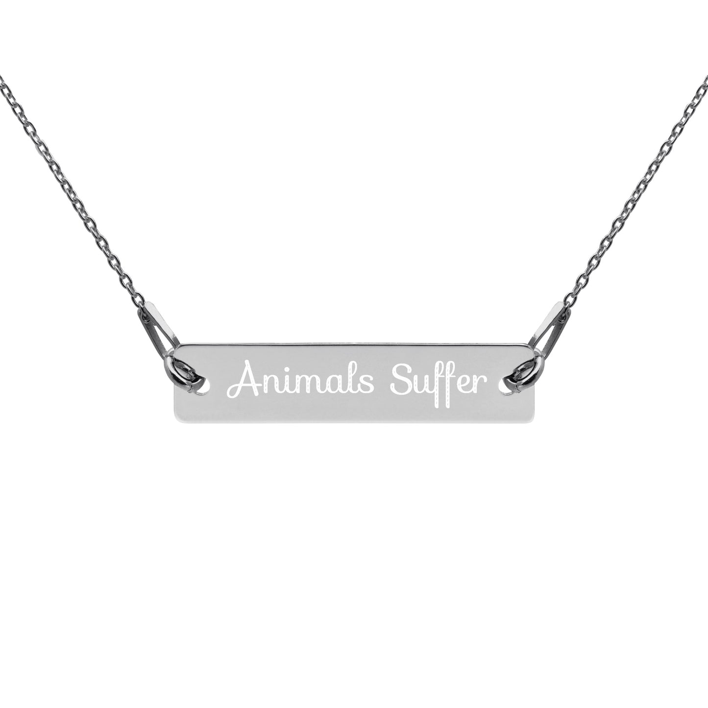 ANIMALS SUFFER / engraved silver bar chain necklace